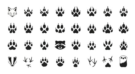 Vector set of black animal paw prints and faces: fox, raccoon, badger, bear, bird, dog, cat, wolf, isolated on white