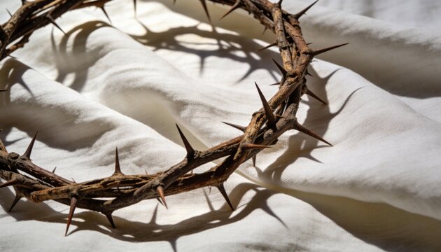 Crown of thorns on white linen cloth, christian passion of christ and easter good concept.