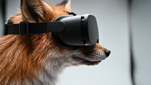 Fox wearing virtual reality headset in profile view sequence. Animal exploring digital world through VR goggles. Innovative technology blending wildlife with immersive cyber experience.