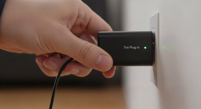 Hand holding black device, plugging into white outlet with green light