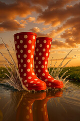 Botas rojas con lunares blancos chapeteando en un charco al atardecer