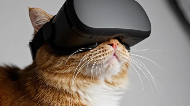 Orange tabby cat wearing virtual reality headset in profile view. Feline exploring digital world through vr goggles. Pet technology fun and innovation concept.