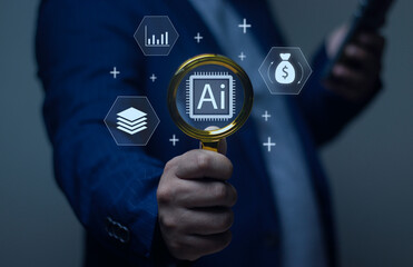 Businessman using magnifying glass to analyze AI chip connected to financial money bag and data charts. Concept of AI investment, finding business opportunities, and smart data analysis.
