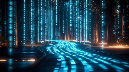 Digital stream of binary code flows through a darkened forest pathway illuminated by neon light