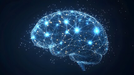Digital representation of a human brain structure illuminated by interconnected luminous nodes against a dark background