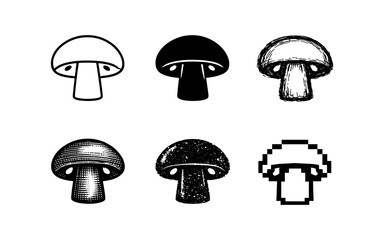 Collection of six distinct mushroom illustrations in various artistic styles and textures