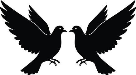 Obraz premium Black dove silhouette illustration, symmetrical flying birds with spread wings vector design isolated on white background for logo
