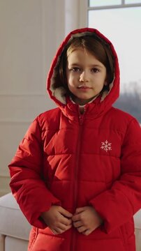Vertical video: Zipping adult hands in gray sleeves pulling kid's red coat zipper at home to go out