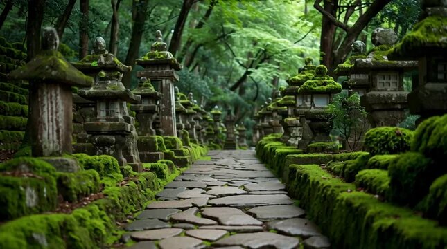 苔むした石灯籠が並ぶ幻想的な寺院の参道を歩く主観映像 - 日本の伝統的な風景、新緑の庭園、旅行・観光プロモーション素材に
