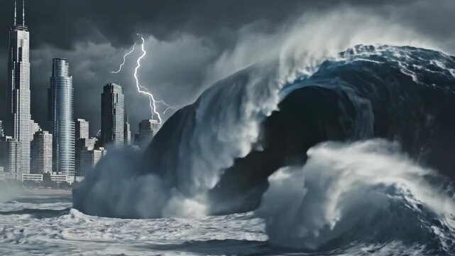 Massive tsunami wave approaches modern city skyline in thunderstorm. Giant wall of water crashes into skyscrapers with lightning strikes. Cinematic wide shot of urban disaster and flood destruction