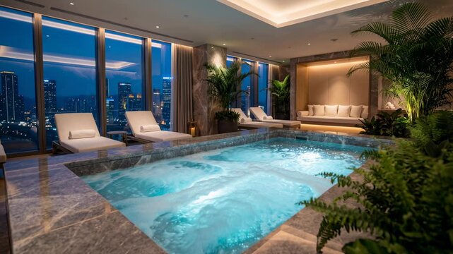 Luxury indoor spa pool with jacuzzi, lounge chairs, and panoramic city skyline view.