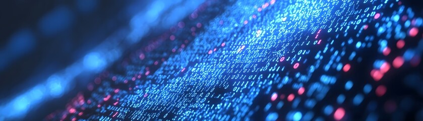 Digital information stream flows across a dark background with illuminated binary code.