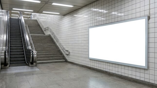 A clean underground subway station with stairs and blank billboard