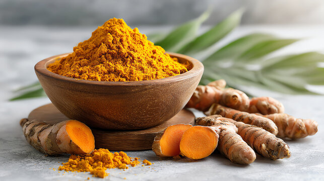 Beautifully arranged turmeric powder in a wooden bowl with fresh turmeric roots on a rustic surface.