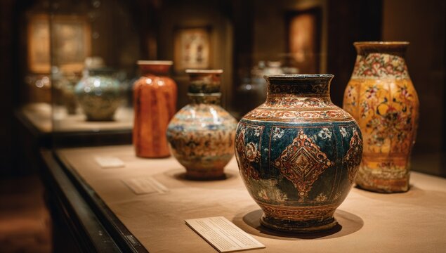 Various ornate vases sit in a museum display case. Several more art pieces are in background