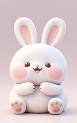 Obraz premium Cute white bunny with pink cheeks, big ears, and smiling face in soft pastel background.