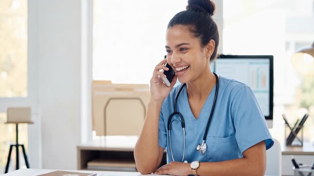 Smiling nurse in blue scrubs attending a patient call at medical office reception with computer and stethoscope.