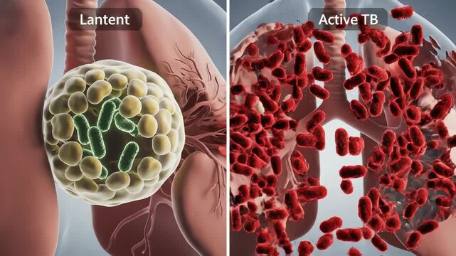 On one side, granulomas stay closed and bacteria remain dormant, barely glowing. On the other side, the granuloma breaks down, releasing bacteria that spread through new lung tissue