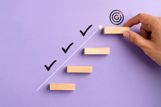Hand placing final wooden block on ascending staircase with checkmarks and target icon. AI-powered goal trajectory, real-time milestone validation, sustainable success path, lavender background.
