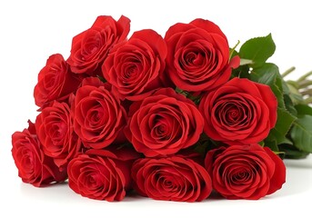 Obraz premium A vibrant bouquet of deep red roses with lush green leaves is displayed against a clean white background