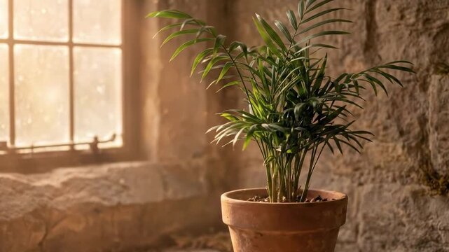 A single potted plant thrives in a rustic room, sunlight filtering through a dusty window, casting soft shadows on the aged stone wall, creating a serene atmosphere
