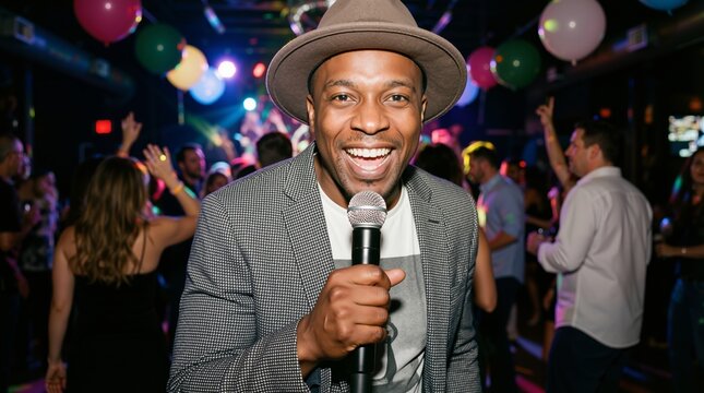 African american man wearing hat holding microphone and laughing at nightclub party. Entertainment business and nightlife celebration