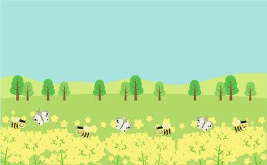 菜の花とみつばち、ちょうちょのフレーム