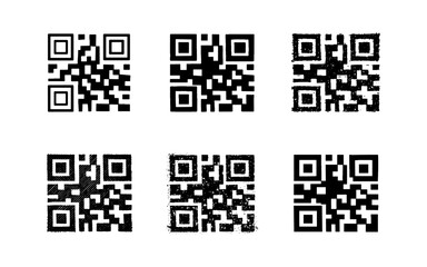 Fototapeta premium Collection of six QR codes with different grunge and distressed textures for digital use