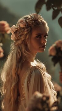 Fairy-like pretty woman in an 18th century outfit with lovely flowers in her hair, standing in a whimsical garden, dreamy atmosphere blending fantasy, romance, and historical elegance.