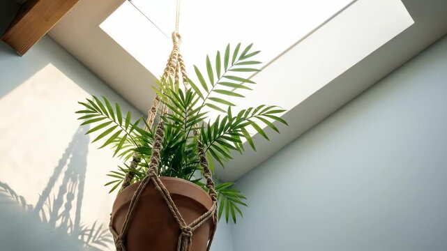 A pot of lush green foliage dangles from a thick rope in a well-lit corner, casting beautiful shadows against the soft, neutral wall, enhancing the serene ambiance