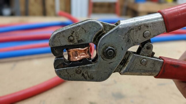Close-up of crimping tool with red and blue wires in workshop setting