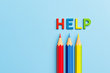 Educational Support Concept: Multicolor 3D Letters Spelling "HELP" Above Red, Blue, Yellow Pencils on Pastel Blue Surface, Student Assistance Visualization  