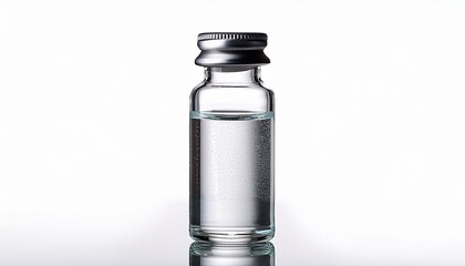 glass vial with silver cap filled with clear liquid on white