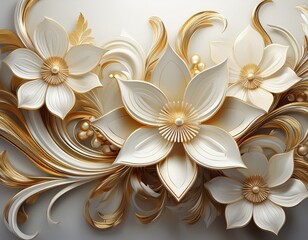 elegant 3d floral wallpaper design in white and gold with sculptural aesthetics on a pure background