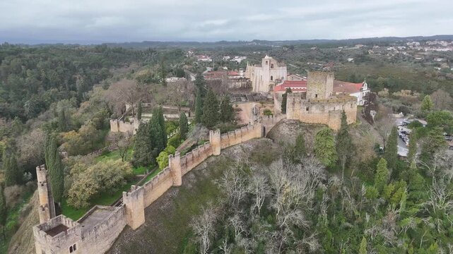 Aerial Flight over Templar Castle Courtyards and Charola Rotunda, Tomar