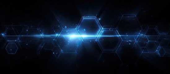 Obraz premium A dark blue digital design with glowing hexagonal shapes and a bright light beam in the center