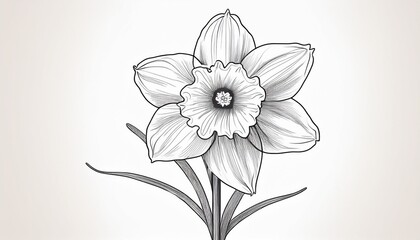 black and white line drawing of a single daffodil flower