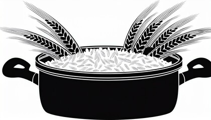black silhouette of pot filled with rice and wheat stalks