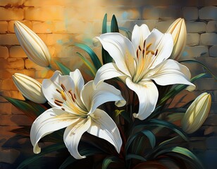 gorgeous white lilies on a background of walls