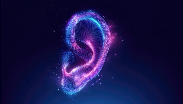Digital rendering of a human ear, glowing with blue, pink, and purple light