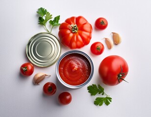 tomato sauce can with ingredients on a white surface