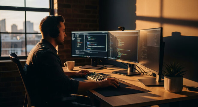 Man Working on Computer with Multiple Monitors in Modern Office Space