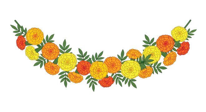 A vibrant garland of marigold flowers with lush green foliage