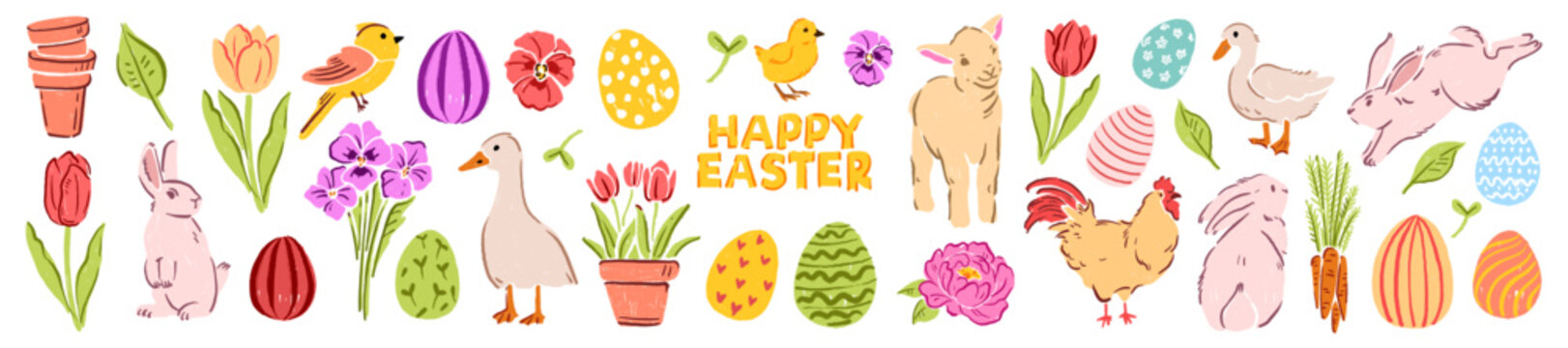 Spring Easter doodle illustration, holiday seasonal cute sticker, cartoon egg hunt happy bunny print. Hand drawn colorful garden flower, farm birds and animals, rabbit. Spring Easter traditional art