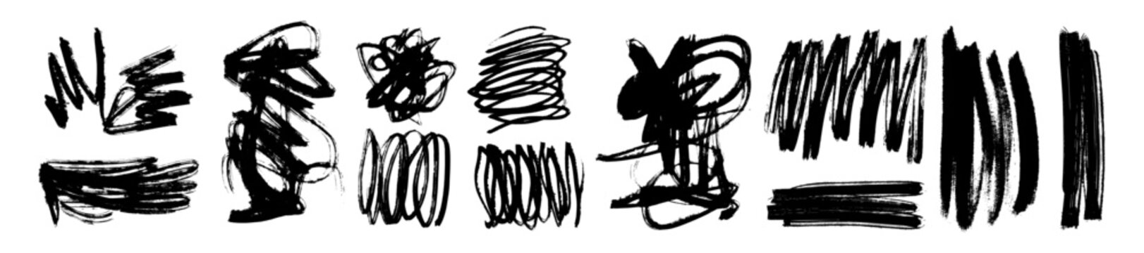 Black ink scribble, hand drawn messy brushstroke set, grunge grunge oil squiggle graphic print art. Handwriting texture marker design element, dirty sketchy spot. Trendy contemporary ink scribble line