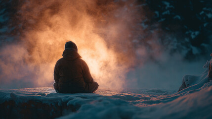 A calm person meditating in a snowy landscape, subtle warm glow around the body, contrast between inner warmth and freezing environment