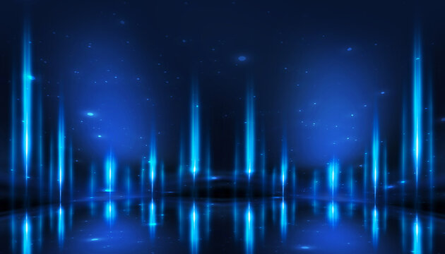 Abstract dark space, blue neon, high-tech podium, lighting effects.