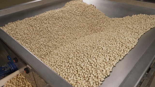 Processing and roasting of peanuts on an industrial scale. Industrial food production. Peanuts on conveyor belt in food processing plant production line