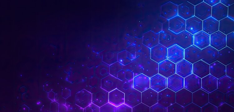 Glowing hexagonal cells in shades of blue and purple form a digital network on a dark background