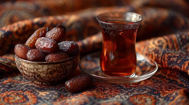 A cup of tea served with dates in a small bowl on an intricately patterned fabric